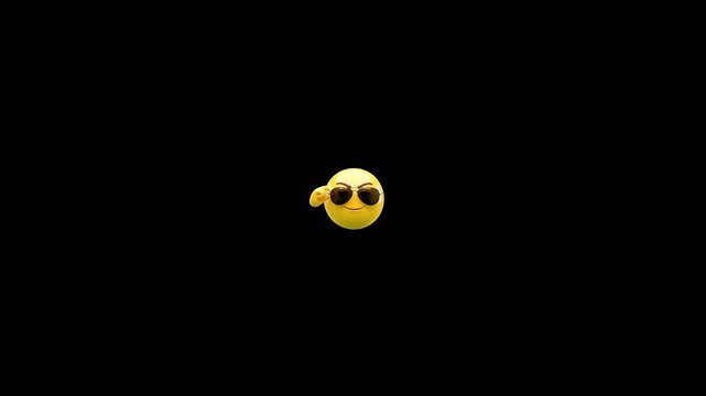 Cool animated smiley face emoji with sunglasses gesturing with video cheerful animated yellow emoji character wearing sunglasses making hand gestures against black background mood