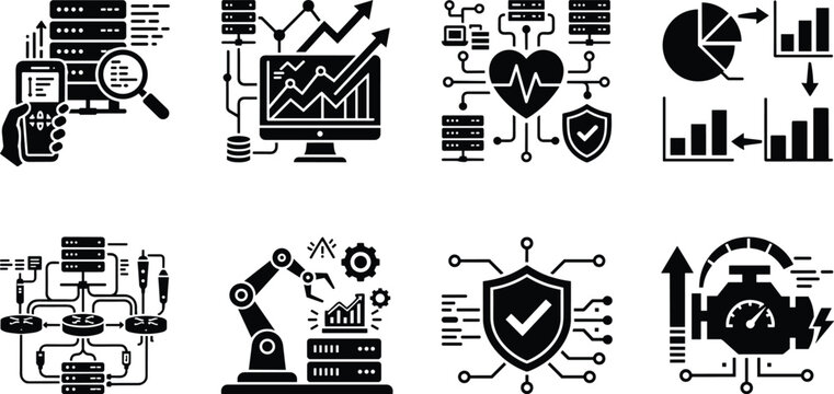 Data center server monitoring cybersecurity network optimization and industrial analytics icons set vector collection