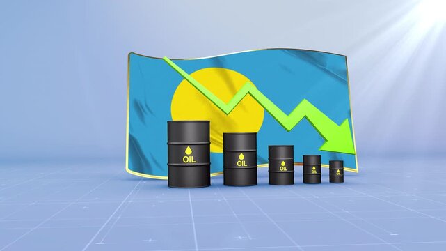 Palau Oil Price Falling with Oil Barrels Downward Green Arrow and 3D Financial Data Visualization Graphs for Economy and Business Concept