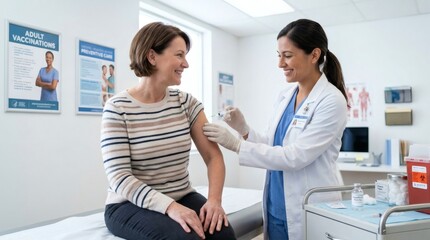 Fototapeta premium Female Doctor Vaccinating Smiling Adult Patient in Medical Clinic