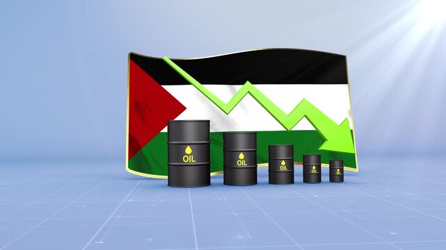 Palestine Oil Price Falling with Oil Barrels Downward Green Arrow and 3D Financial Data Visualization Graphs for Economy and Business Concept