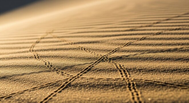 Tiny insect tracks crisscrossing sand dunes in the desert sunlight