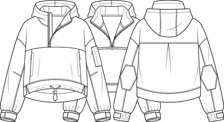 Unisex half zip hooded anorak jacket fashion technical flat sketch template vector streetwear design front back view © Dannjay