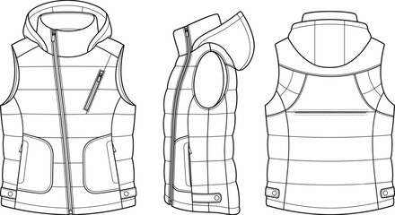 Unisex hooded puffer vest sleeveless quilted jacket fashion technical flat sketch template vector apparel design front back side view © Dannjay