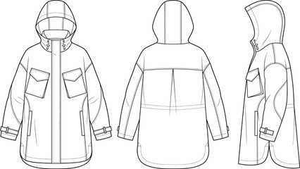 Unisex hooded utility parka jacket outerwear technical flat sketch template vector apparel design front back side view © Dannjay