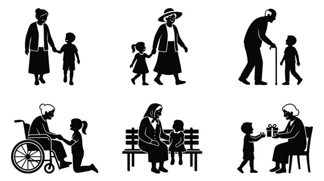 Adobe IlSet of black silhouettes depicting elderly people and young children interacting in various daily activitieslustrator Artwork