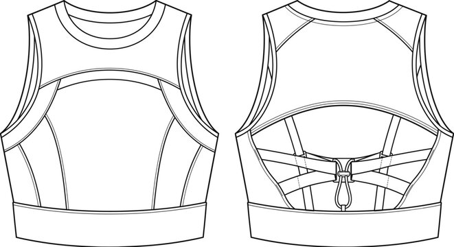 Women athletic paneled sports bra fashion technical flat sketch template vector activewear crop top design front back view
