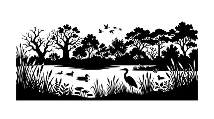 Fototapeta premium Serene marsh landscape silhouette with heron, ducks, and forest trees
