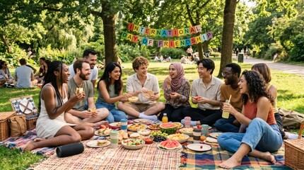 Fototapeta premium Diverse friends celebrating International Day of Friendship with park picnic