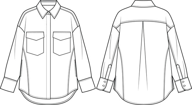 Women oversized button down shacket jacket fashion technical flat sketch template vector apparel design front back view