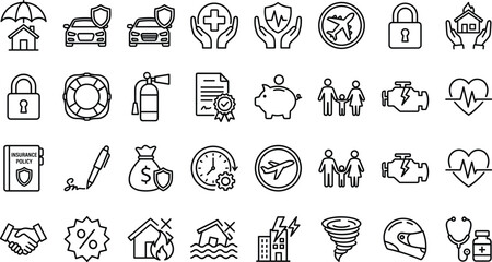 Fototapeta premium Vector collection of black line art insurance policy protection risk and accident financial safety icons isolated on white background