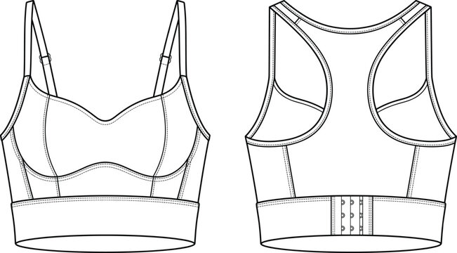 Women sports bra racerback athletic top fashion technical flat sketch template vector activewear design front back view