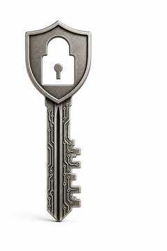 Cybersecurity key with shield and padlock, digital data protection and information security concept