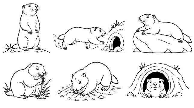 Groundhog Set in Different Poses, Charming Vector Animal Collection