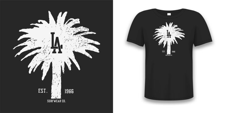Palm tree silhouette print with grunge for t-shirt design. LA, Los-Angeles typography graphics for tee shirt. Surfwear clothes and apparel design. Vector.