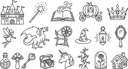 Vector collection of black line art fairy tale magic fantasy and mythical story icons isolated on a white background © MOMINA