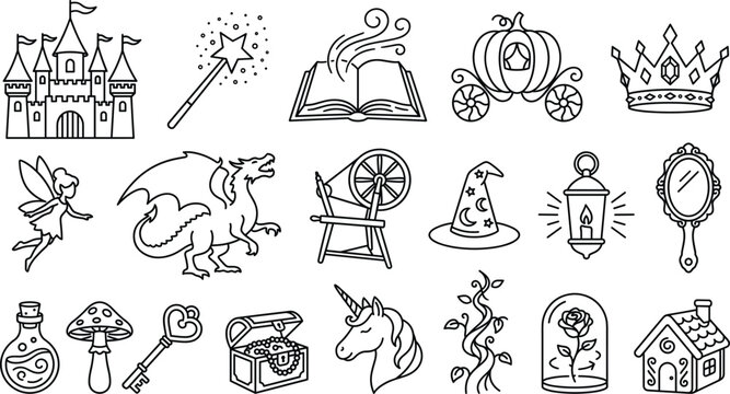 Vector collection of black line art fairy tale magic fantasy and mythical story icons isolated on a white background