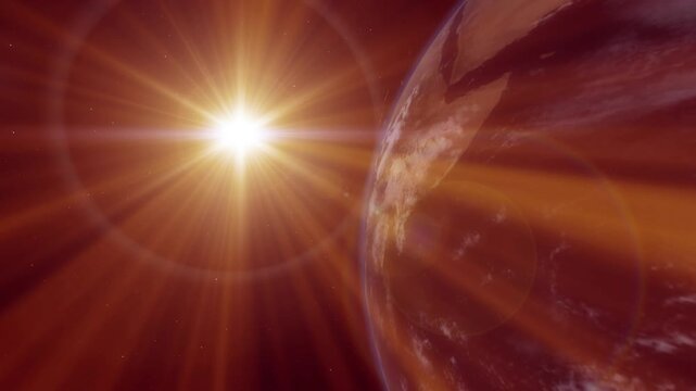 Earth from space view with bright sun ray illuminating the blue planet globe with clouds in 4K Ultra HD footage.
