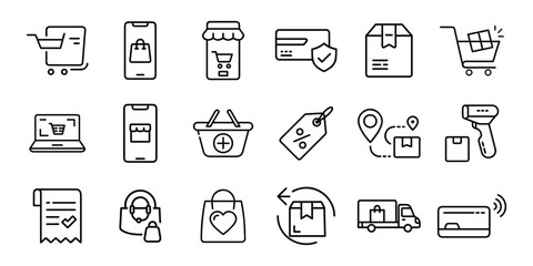 Fototapeta premium Shopping and e-commerce icon set line outline collection interface UI UX symbol