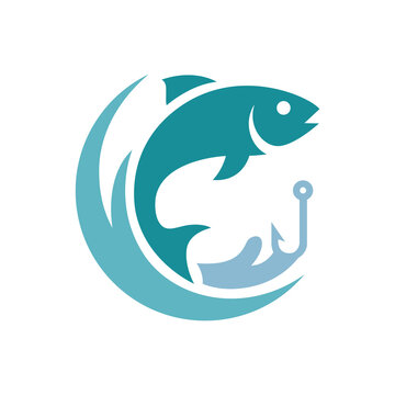 Fish jumping out of water with fishing hook vector illustration logo template