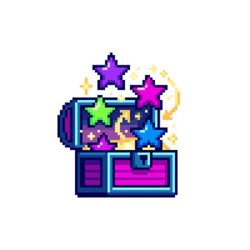 Blue pixel art loot chest with glowing stars.