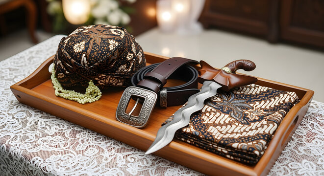 Traditional Javanese cultural accessories keris blangkon and batik fabric on a wooden tray