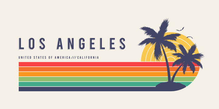 California t-shirt design with retro sunset and palm trees. Vintage Los Angeles typography graphics for tee shirt. Apparel print with palm trees in retro style. Vector.