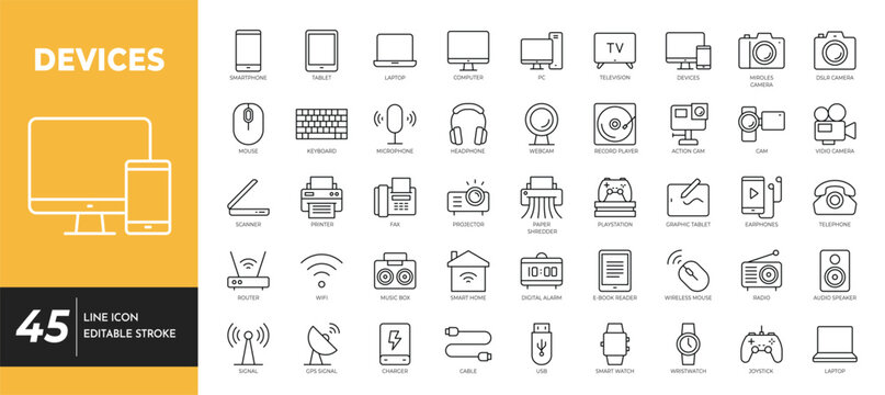 Device outline icon set. Containing computer, laptop, smartphone, printer, router, smartwatch, chip, gadget, and more.