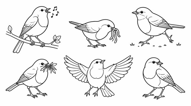 Set of cute robin bird illustrations in different poses, line art