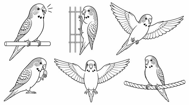 Budgerigar parrot collection, hand drawn outline set for coloring book
