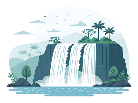 Modern minimal vector illustration of the Athirappilly Falls, isolated on white background, layered waterfall, clean shapes