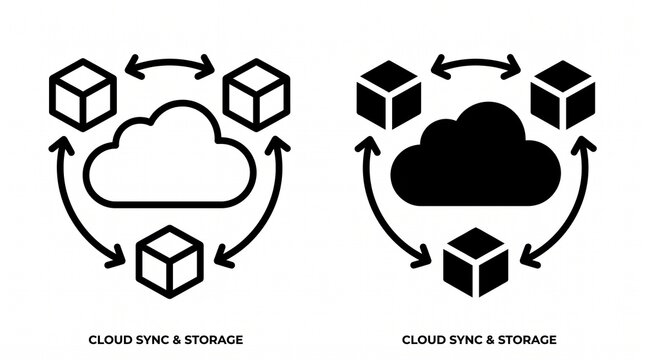 A premium cloud computing, data synchronization, and distributed storage icon set featuring two modern minimalist vector illustrations displayed side by side on a clean white background. The first ico