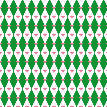 Green and white argyle seamless pattern with cute pink hearts, vector geometric background