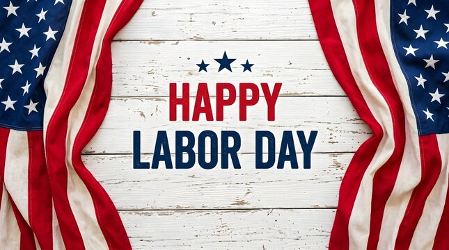 Festive labor day greeting with american flag drapery on weathered white wood background