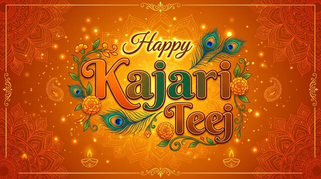 Happy Kajari Teej greeting card, stylized text, festive background