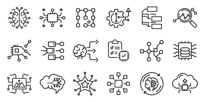 Artificial intelligence machine learning icon set line outline UI UX symbol