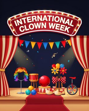 International Clown Week event poster featuring a colorful circus stage setting with various props and equipment