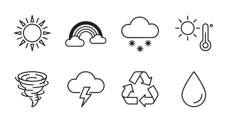 Obraz premium Weather and climate conditions line icon collection depicting nature phenomena with temperature thermometer lightning