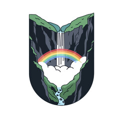 Obraz premium A stylized illustration of a waterfall flowing between two steep rocky cliffs