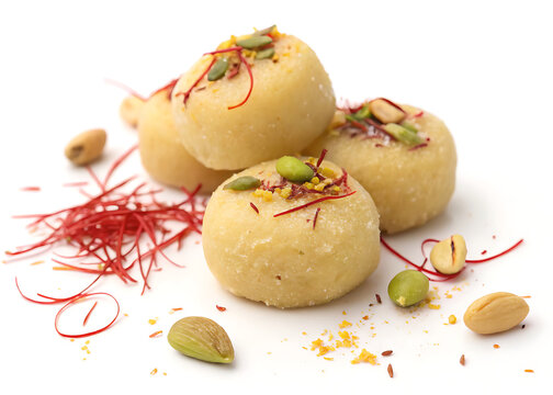 Peda sweets with saffron strands and pistachios  isolated on white background 