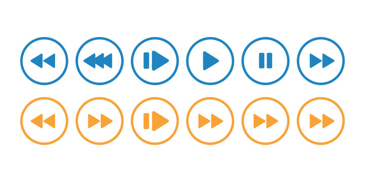 Media control icons with blue and orange playback buttons featuring play, pause, stop, rewind, fast forward, and navigation controls