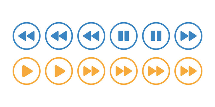 Media control icons with blue and orange playback buttons featuring play, pause, stop, rewind, fast forward, and navigation controls