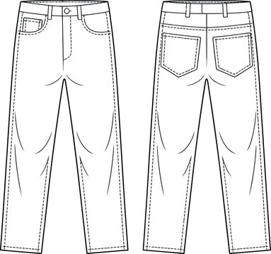 Jeans technical sketch vector illustration of denim pants template front and back view outline fashion design isolated on white background.