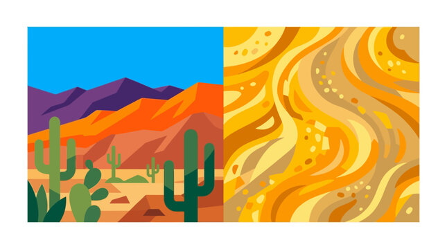 Flat desert landscape illustration with cacti and abstract patterns