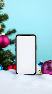 Blank-display smartphone arranged beside Christmas ornaments and a decorated evergreen tree on a blue backdrop, festive mobile advertising and seasonal celebration concept
