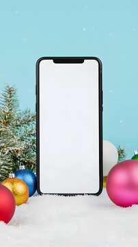 A smartphone with a white screen mockup next to Christmas baubles and a Christmas tree on a blue background