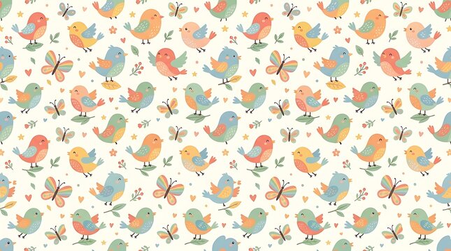 Playful seamless pattern with cute cartoon birds and butterflies