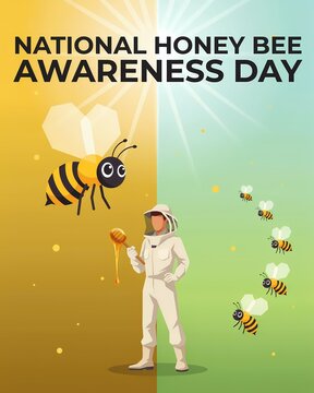 National Honey Bee Awareness Day poster design with beekeeper character illustration and yellow honey dipper