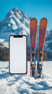 Smartphone with a clean white display placed on snowy ground beside skis with majestic snow-covered mountains beneath a clear blue sky, winter sports and travel concept