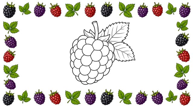 Cute blackberry coloring page with a large black and white blackberry in the center, surrounded by a colorful seamless border of blackberries, raspberries, and green leaves on a white background.